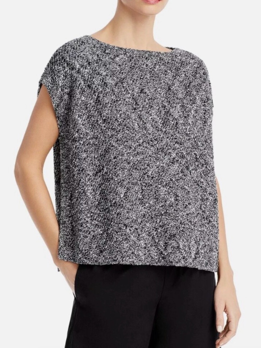 Eileen Fisher Marled Organic Cotton Linen Knit Boxy Top Black White Size M
